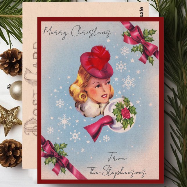 Carte postale Vintage Christmas Lady Nom personnal (Créateur téléchargé)