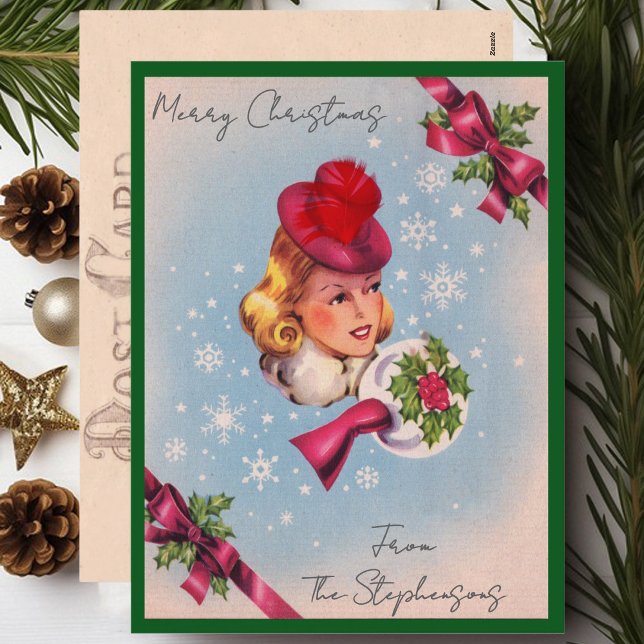 Carte postale Vintage Christmas Lady Nom personnal (Créateur téléchargé)