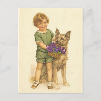 Carte postale Vintage colorée d'enfant et de chien