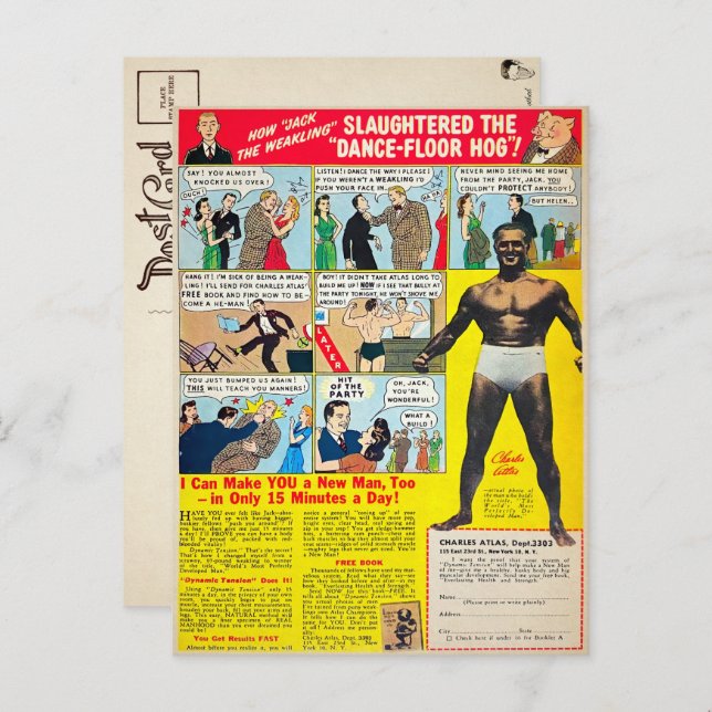 Carte Postale vintage Comic Book Muscle Publicité (Devant / Derrière)