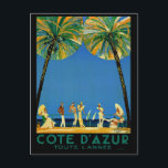 Carte Postale Vintage Côte d'Azur Voyage en France<br><div class="desc">Publicité de voyage française et européenne - Plage,  personnes,  palmiers,  mer bleue et ciel illustration</div>