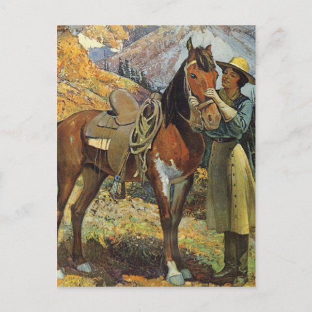Carte Postale Vintage Cowgirl et Cheval (Devant)