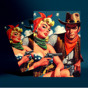 Carte Postale Vintage Cowgirl et Cowboy