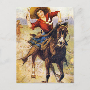 Carte Postale Vintage Cowgirl Occidentale À Cheval