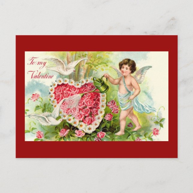 Carte Postale Vintage Cupid arrosé coeur de fleurs (Devant)