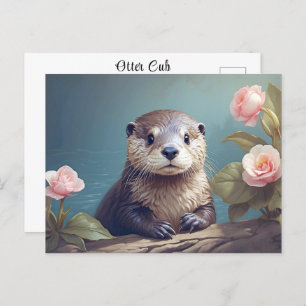 Carte Postale Vintage Cute Otter Cub Rose Portrait Art intempore