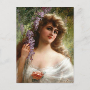 Carte Postale Vintage Dame Avec Fleurs Violettes & Rose De Pêche