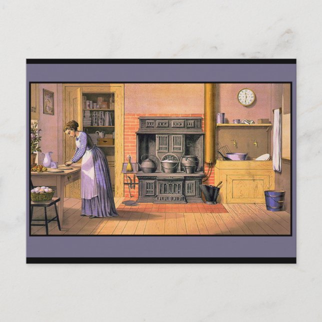 Carte Postale Vintage dame dans la cuisine (Devant)