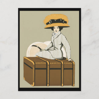 Carte Postale Vintage dame sur le chariot de voyage