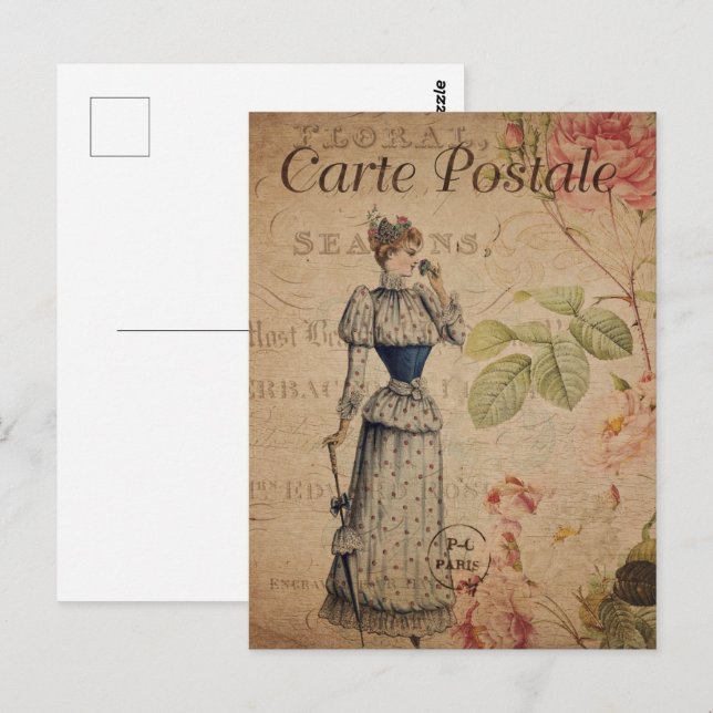 Carte Postale Vintage dame victorienne avec Parasol (Devant / Derrière)