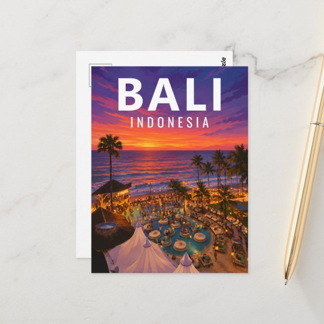 Carte postale vintage de Bali - Coucher de soleil  (Devant/Arrière en situation)