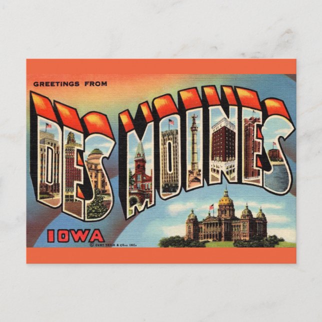 Carte postale vintage de Des Moines Iowa (Devant)