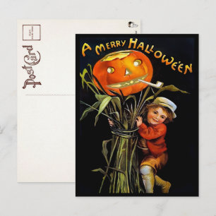 Carte postale vintage de fille aux citrouilles pou