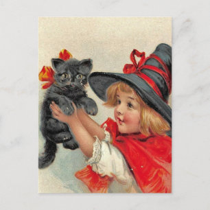 Carte postale vintage de Halloween - fille et chat