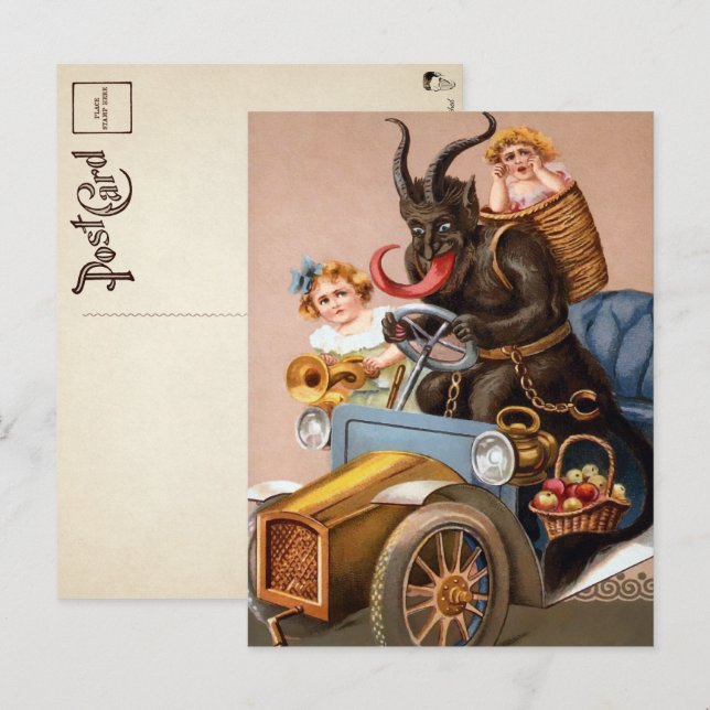Carte postale vintage de Krampus au volant (Devant / Derrière)