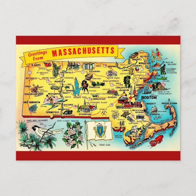Carte postale vintage de la carte du Massachusetts (Devant)