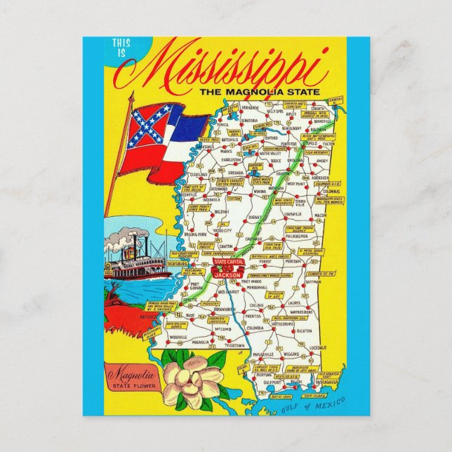 Carte postale vintage de l'État du Mississippi (Devant)
