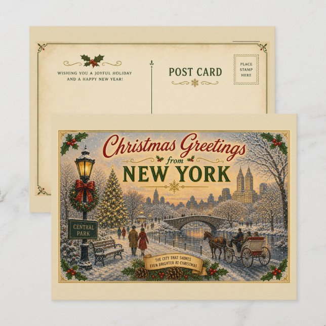 Carte postale vintage de Noël de Central Park (Devant / Derrière)