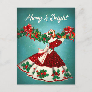 Carte Postale Vintage décoration de Noël rouge parties scintilla