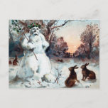 Carte postale vintage Déplaisant Snowman Christmas<br><div class="desc">Vintage Victorien déplaisant bonhomme de neige avec lapins carte postale de Noël. Image vintage restaurée sur mesure de haute qualité.</div>