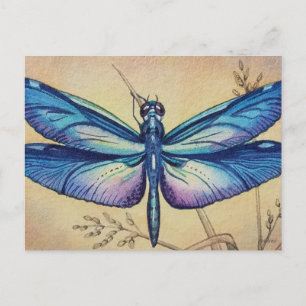 Carte Postale Vintage Dragonfly No. 6 and Grass Watercolor Art