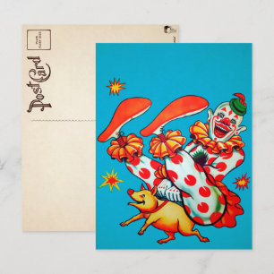 Carte postale vintage d'un clown à cheval sur un c