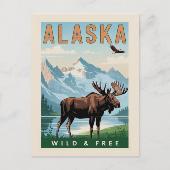 Carte Postale Vintage Élan d'Alaska Montagne Sauvage & Libre (Devant)