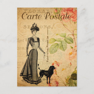 Carte Postale Vintage élégante dame marchant son chien de canich