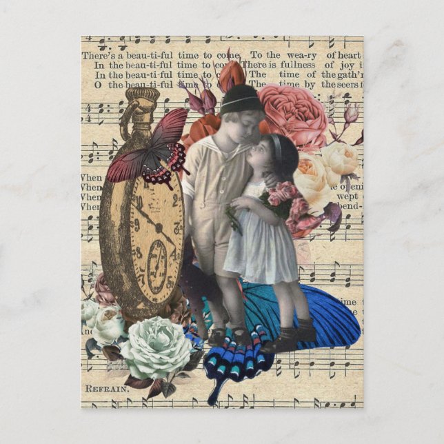 Carte Postale Vintage Enfants & Collage Floral (Devant)