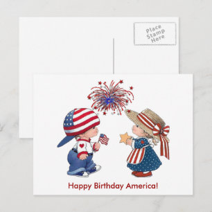 Carte Postale Vintage Enfants Feux d'Artifice Joyeux Anniversair