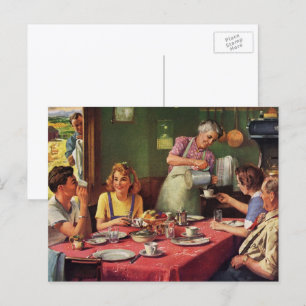 Carte Postale Vintage Famille Manger Petit déjeuner dans la cuis