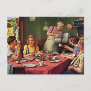 Carte Postale Vintage Famille Manger Petit déjeuner dans la cuis