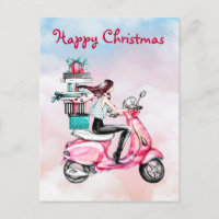 Vintage femme de Noël sur scooter rose