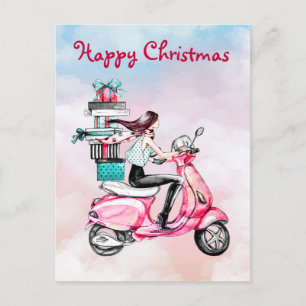 Carte Postale Vintage femme de Noël sur scooter rose