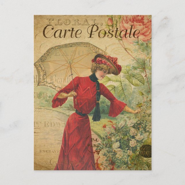 Carte Postale Vintage femme mode avec parapluie Français (Devant)