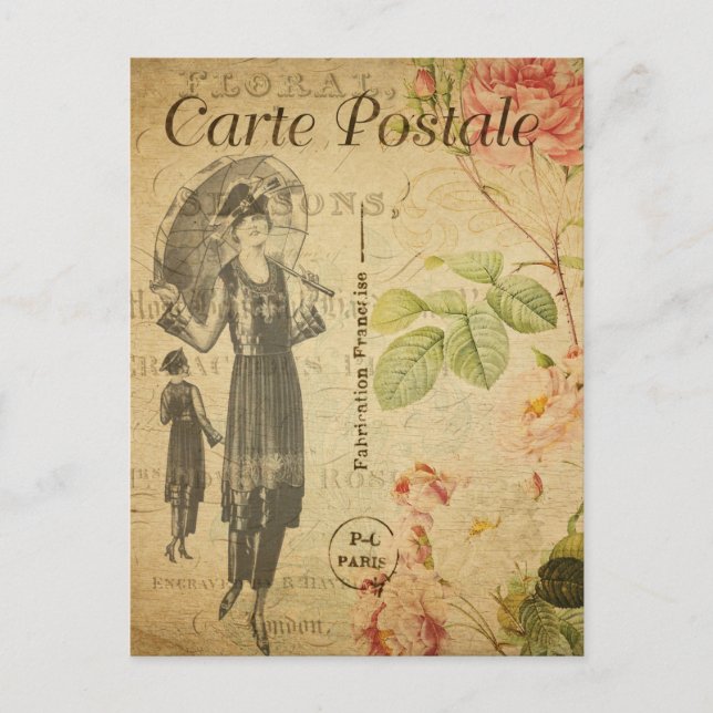 Carte Postale Vintage femme mode avec parapluie Français (Devant)