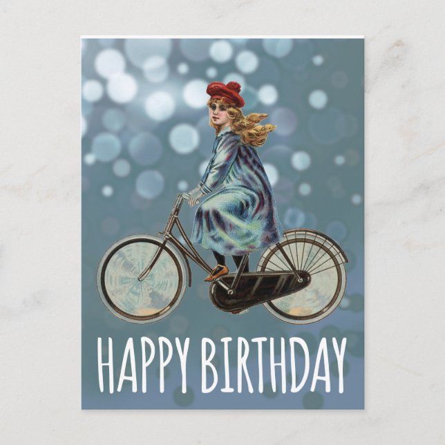 Carte Postale Vintage fille à vélo - Anniversaire (Devant)