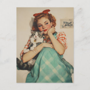 Carte Postale Vintage fille avec chat