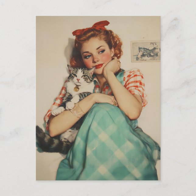 Carte Postale Vintage fille avec chat (Devant)