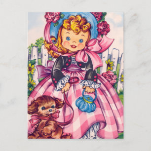 Carte Postale Vintage fille blonde avec chien