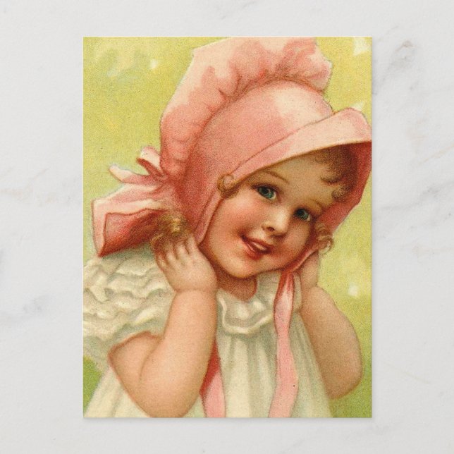 Carte Postale Vintage fille Bonnet Rose (Devant)