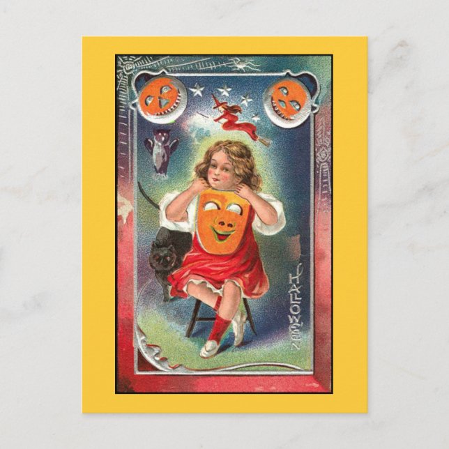 Carte Postale Vintage - Fille d'Halloween avec masque (Devant)