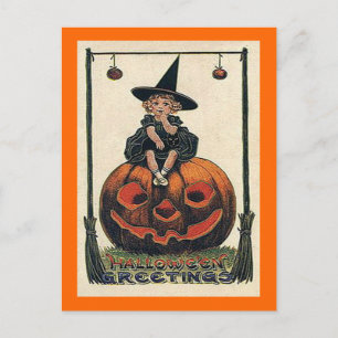 Carte Postale Vintage fille d'Halloween sur Jack o'Lantern