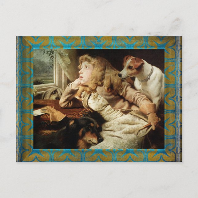 Carte Postale Vintage fille et deux chiens Grunge encadrée (Devant)