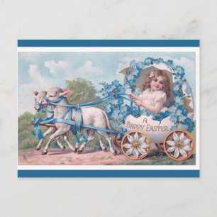 Carte Postale Vintage fille tirée par les agneaux Salutations de