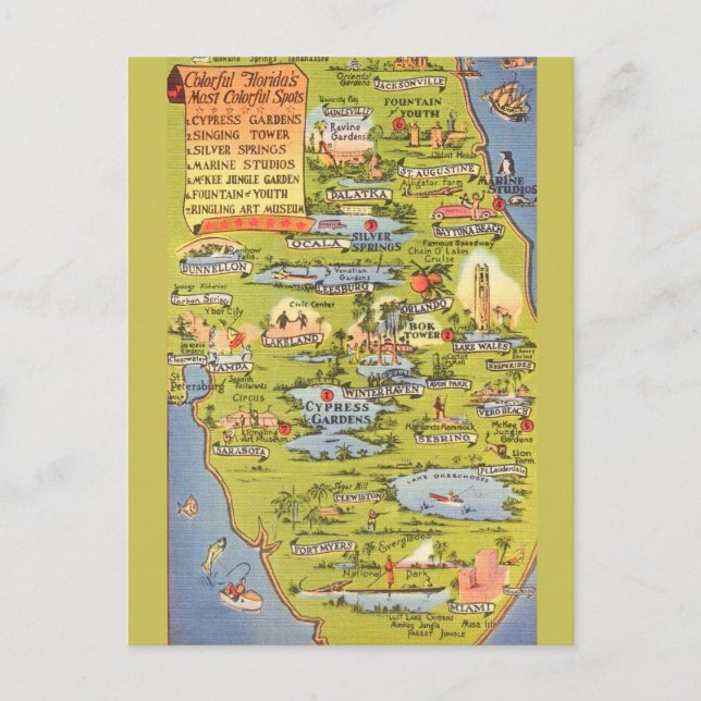 Carte Postale Vintage Florida Attractions Map  (Devant)