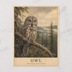 Carte postale VINTAGE Forêt boréale de hibou Un h