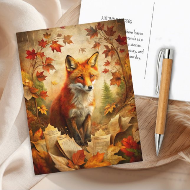 Carte Postale Vintage Fox Woodland automne Feuilles Nature (Fox and rustic autumn leaves postcard)