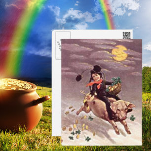 Carte Postale Vintage Garçon chevauchant un cochon St Patrick's 