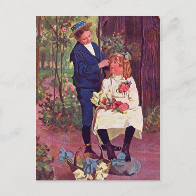 Carte Postale Vintage - Garçon & Fille dans les Bois (Devant)
